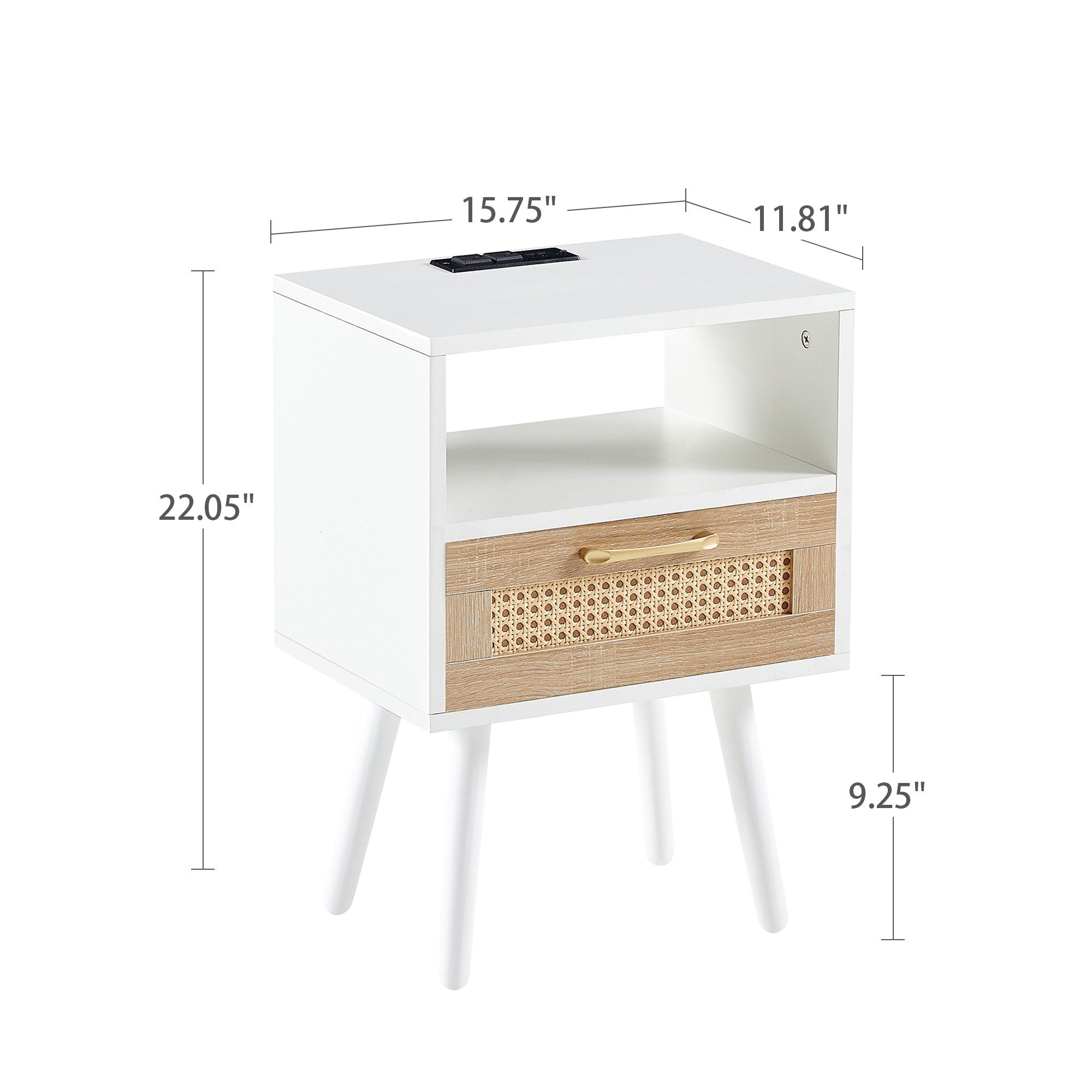 15.75&quot; Rattan End Table With Power Outlet &amp; USB Ports, Modern Nightstand With Drawer And Solid Wood Legs, Side Table For Living Room, Bedroom