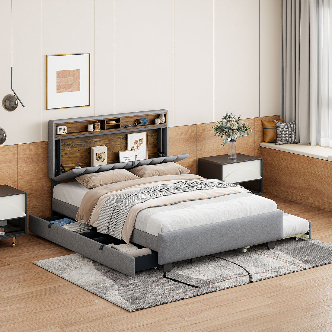 Upholstered Platform Bed With Storage Headboard, Trundle &amp; 2 Drawers And A Set Of Sockets &amp; USB Ports