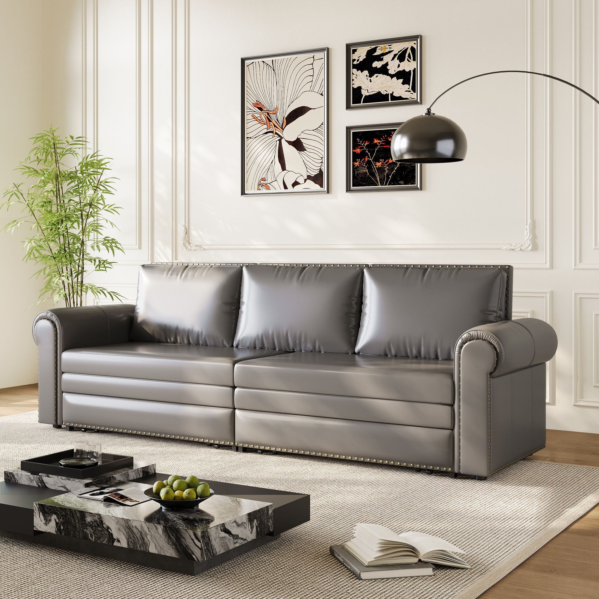 3 In 1 Convertible Sleeper Sofa With Nailhead Trim &amp; Rolled Arm