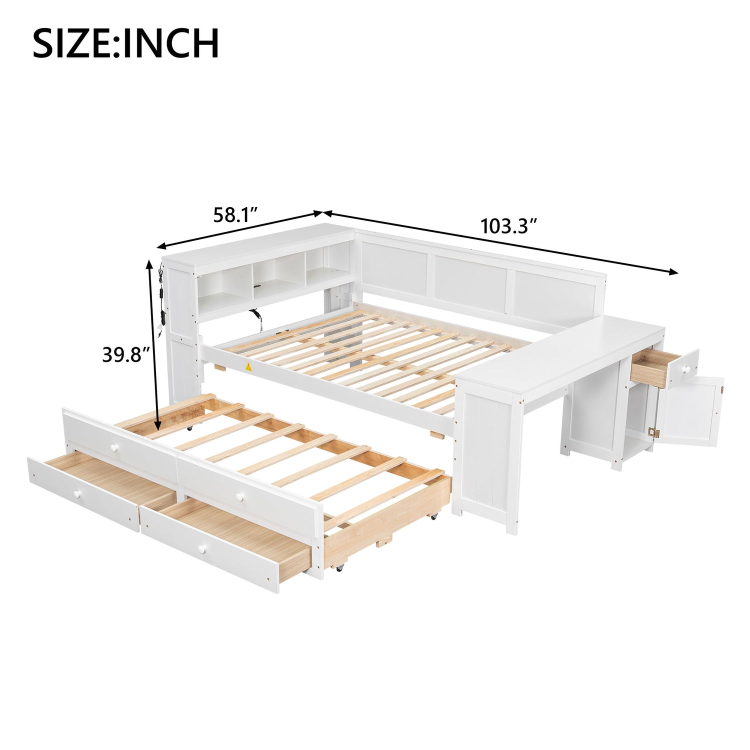 Daybed With Storage Shelves, Drawers, Trundle, Charging Station, LED Light, Desk And Cabinet