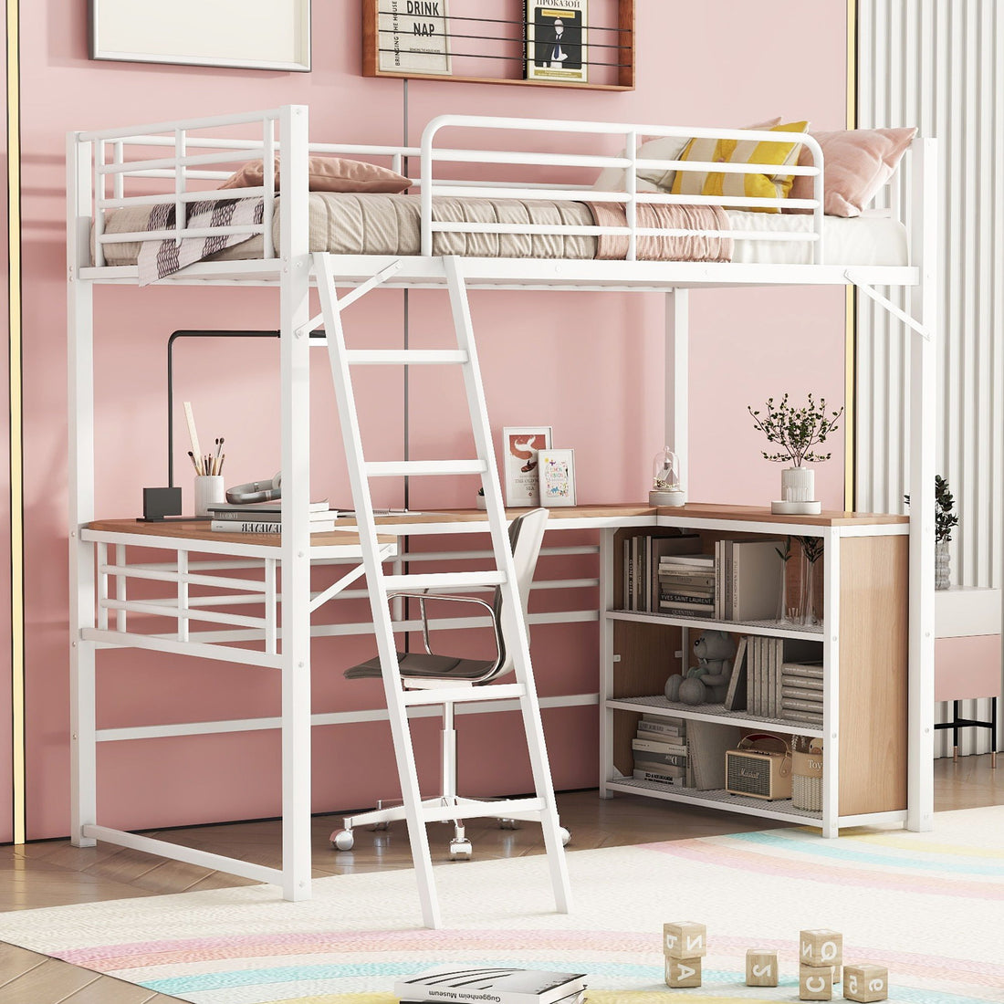 Loft Bed &amp; 3 Layers Of Shelves And L-Shaped Desk