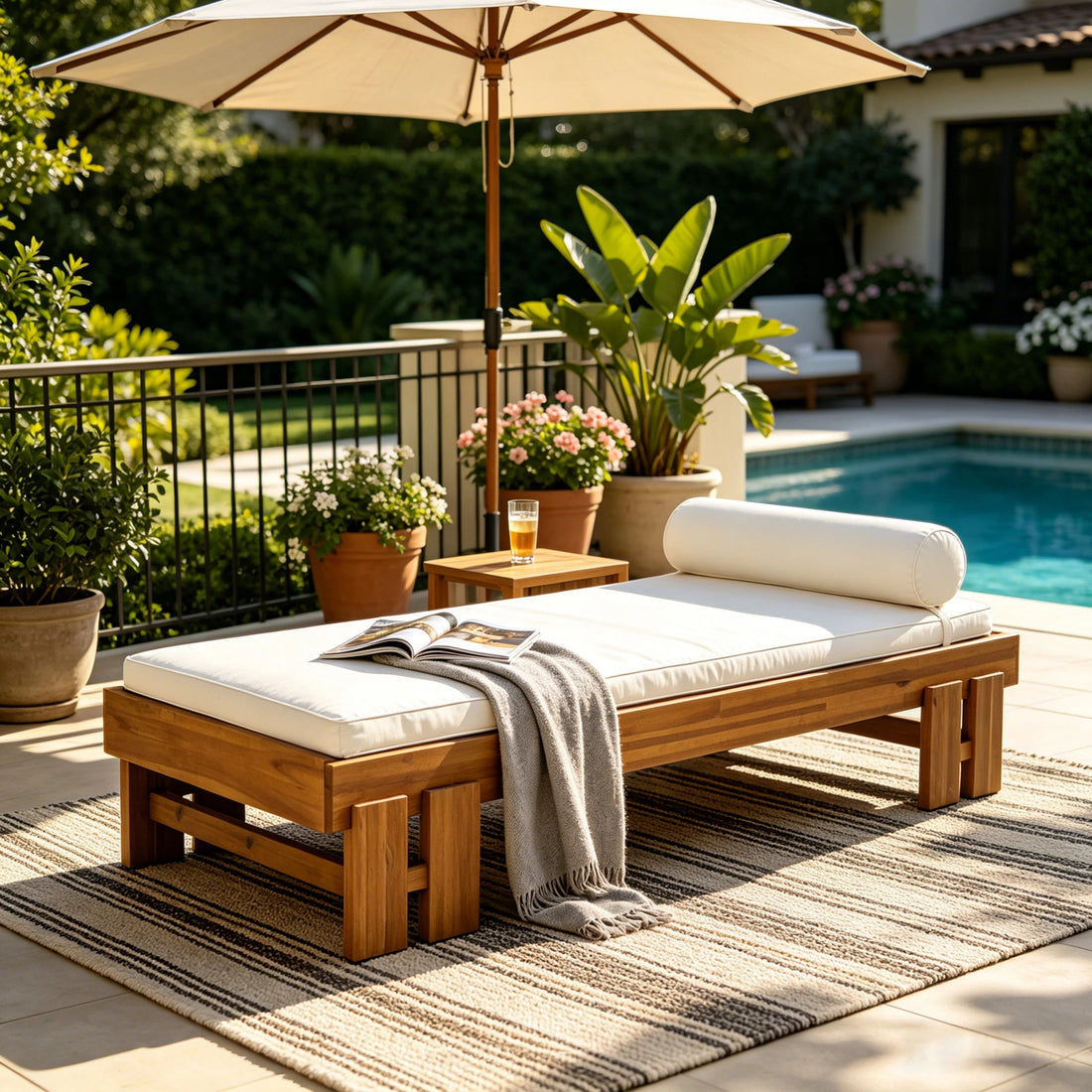 Daybed With Cushion &amp; Pillow, Low Profile Design For Indoor / Outdoor Use - Cream / Teak