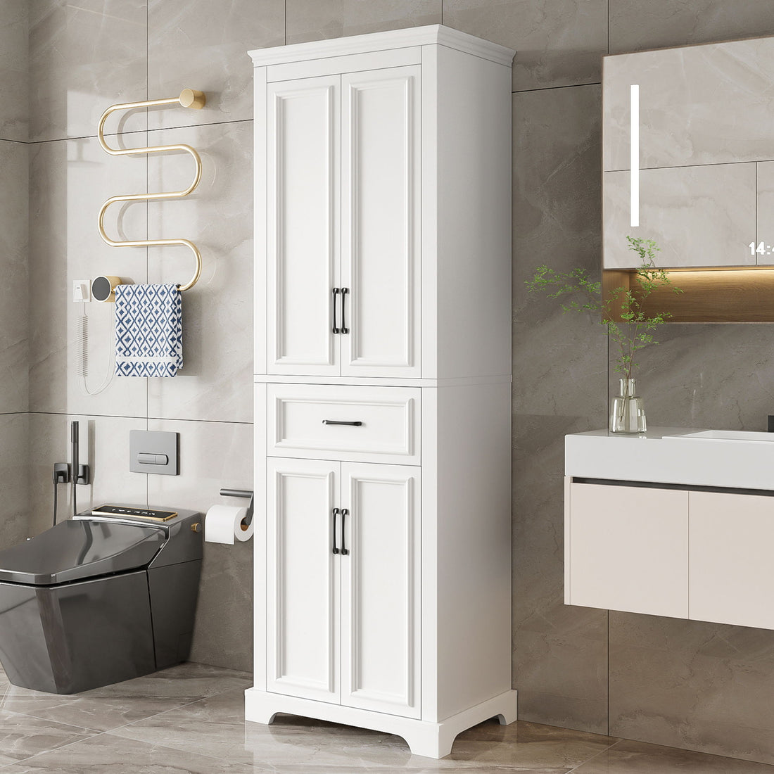 Freestanding Bathroom Vanity, Elegant Design With 4 Doors &amp; 1 Drawer, Adjustable Shelves, Damping Hinges - White