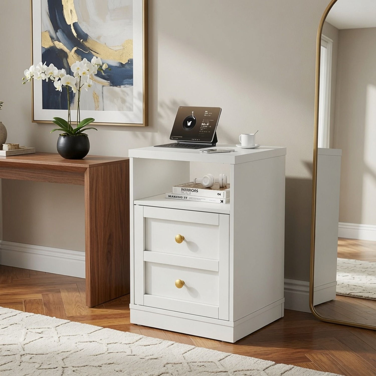 Nightstand With Door &amp; Shelf, 2 Drawer Side Table