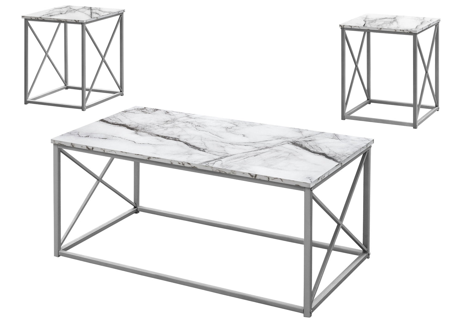 Table Set, Coffee, End, Side, Accent, Living Room, Marble Look Laminate, Contemporary &amp; Modern (Set of 3)