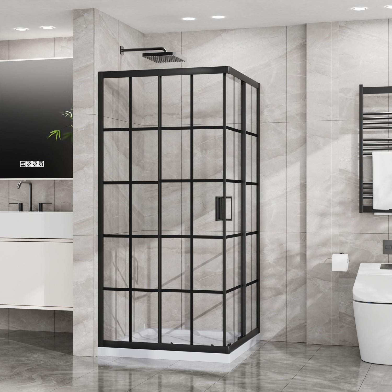 Corner Shower Enclosure Double Sliding Door &amp; Shower Base - Matte Black
