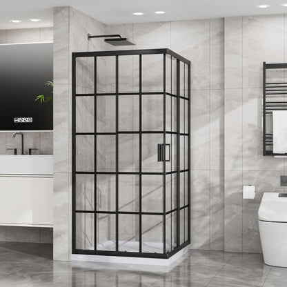 Corner Shower Enclosure Double Sliding Door &amp; Shower Base - Matte Black