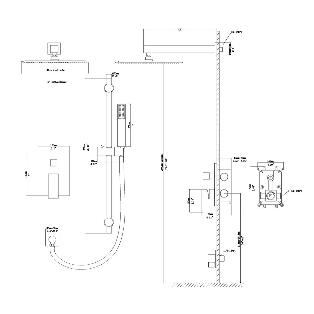 Wall Mounted Shower System With Adjustable Slide Bar And Rough In Valve, 12&quot; Square Design - Brushed Nickel