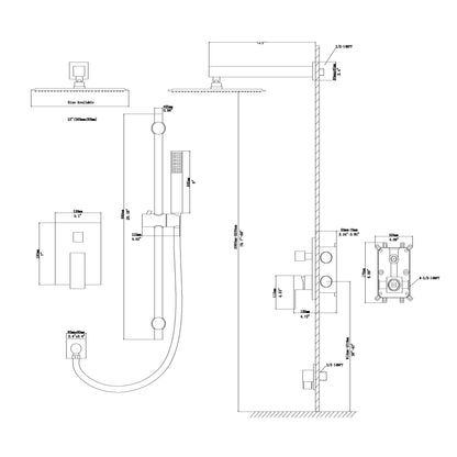 Wall Mounted Shower System With Adjustable Slide Bar And Rough In Valve, 12&quot; Square Design - Brushed Nickel