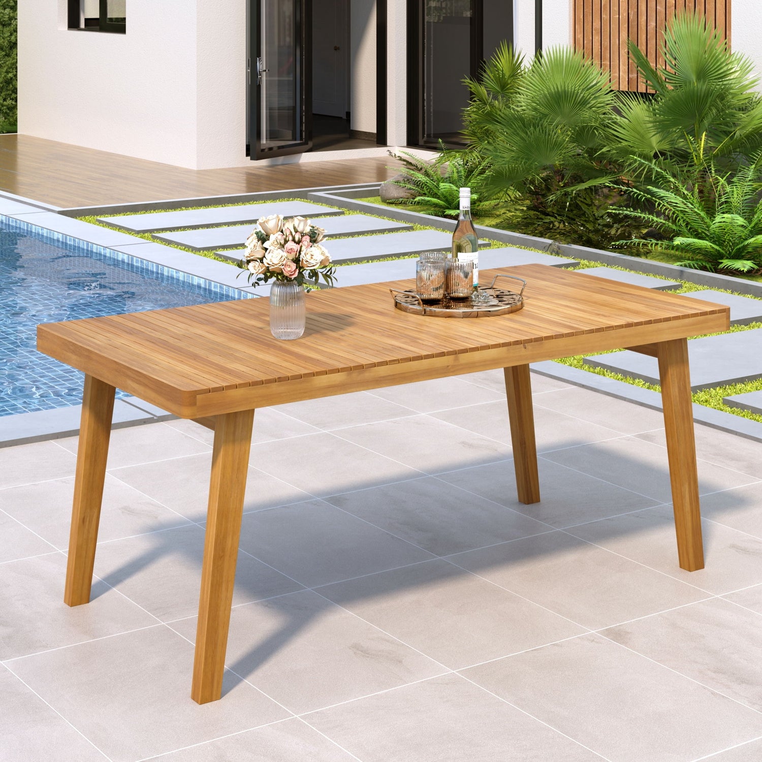 Outdoor Dining Table With Slatted Top, Ideal For Patio