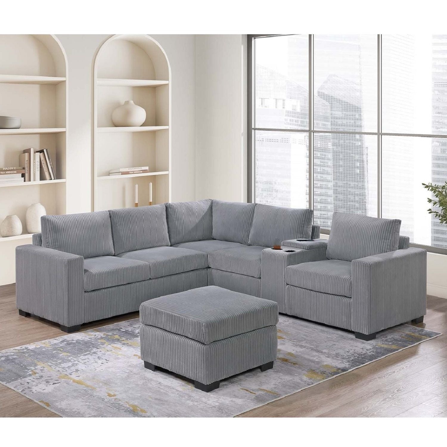 Contemporary L-Shaped Sectional Set With USB Console &amp; Ottoman