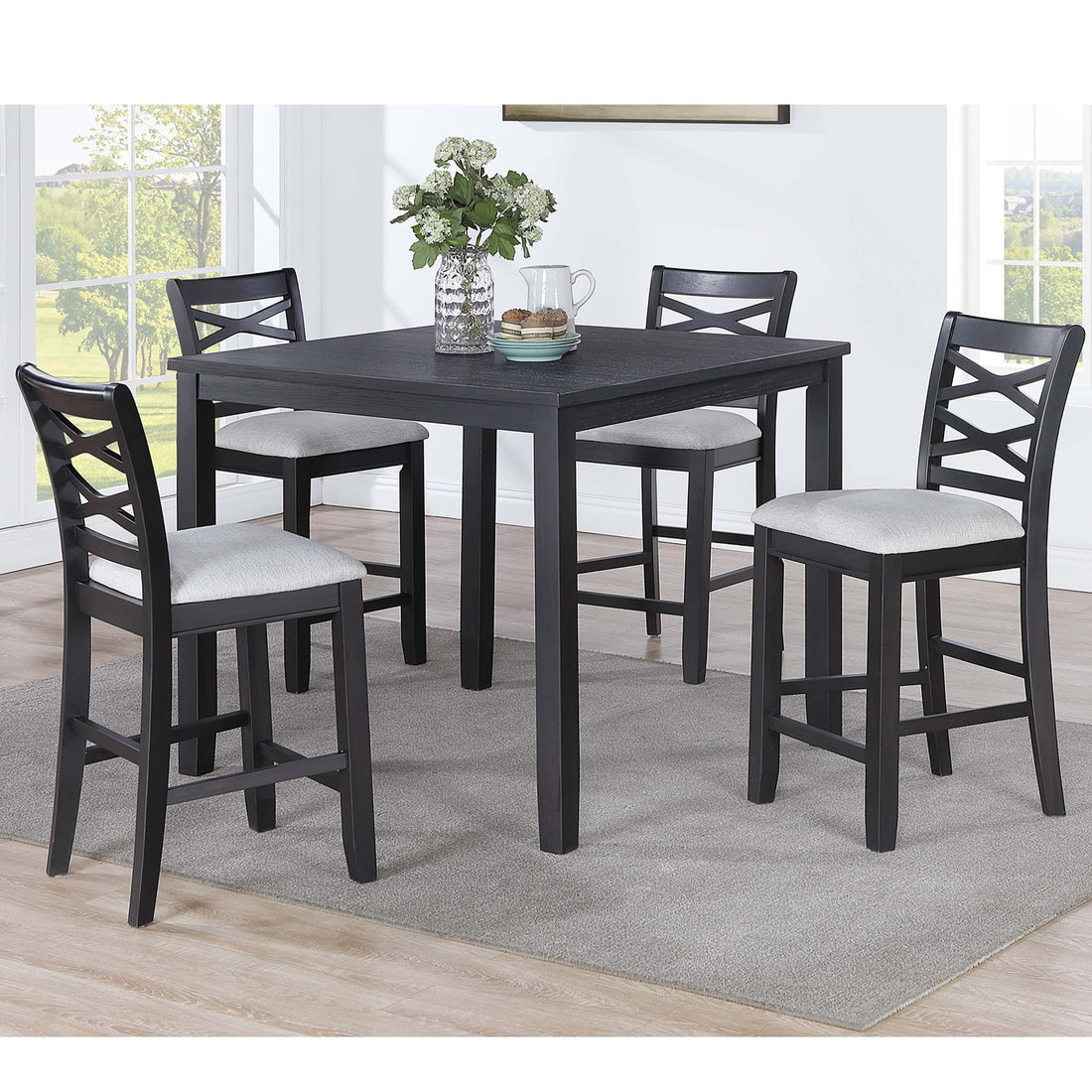 Dining Table Set With 4 Cross Back Chairs, Upholstered Cushions - Charcoal