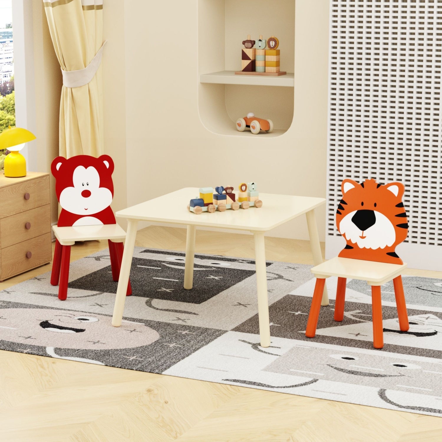 Table And 2 Chairs Set, Activity Play Table Set With Bear &amp; Tiger Design - Natural