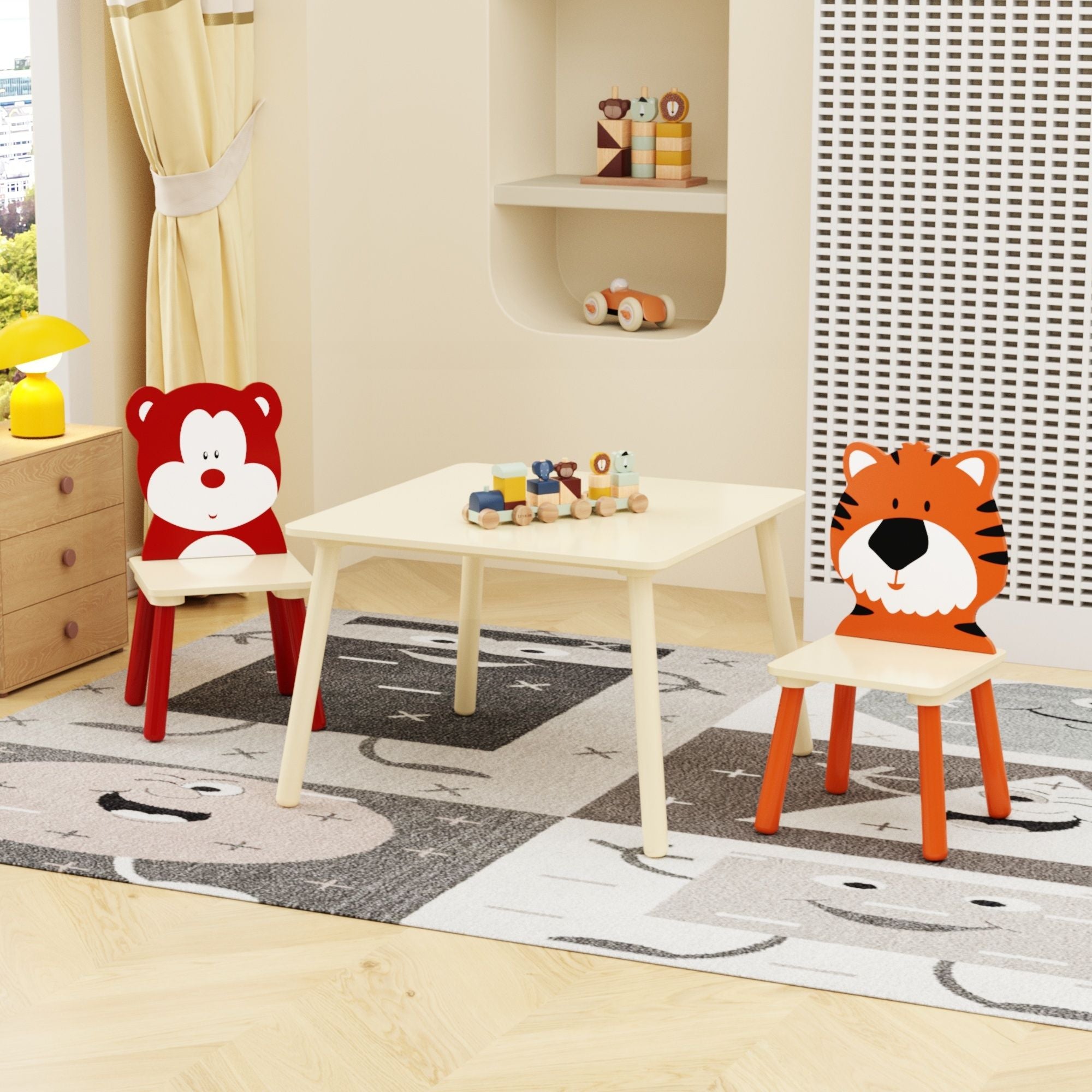 Table And 2 Chairs Set, Activity Play Table Set With Bear &amp; Tiger Design - Natural