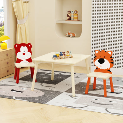 Table And 2 Chairs Set, Activity Play Table Set With Bear &amp; Tiger Design - Natural