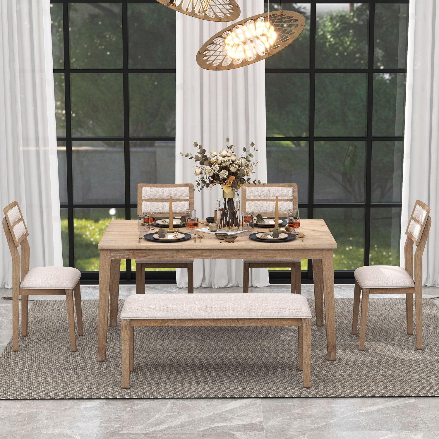 Dining Set Classic And Traditional Style, Includes Dining Table, 4 Upholstered Chairs &amp; Bench