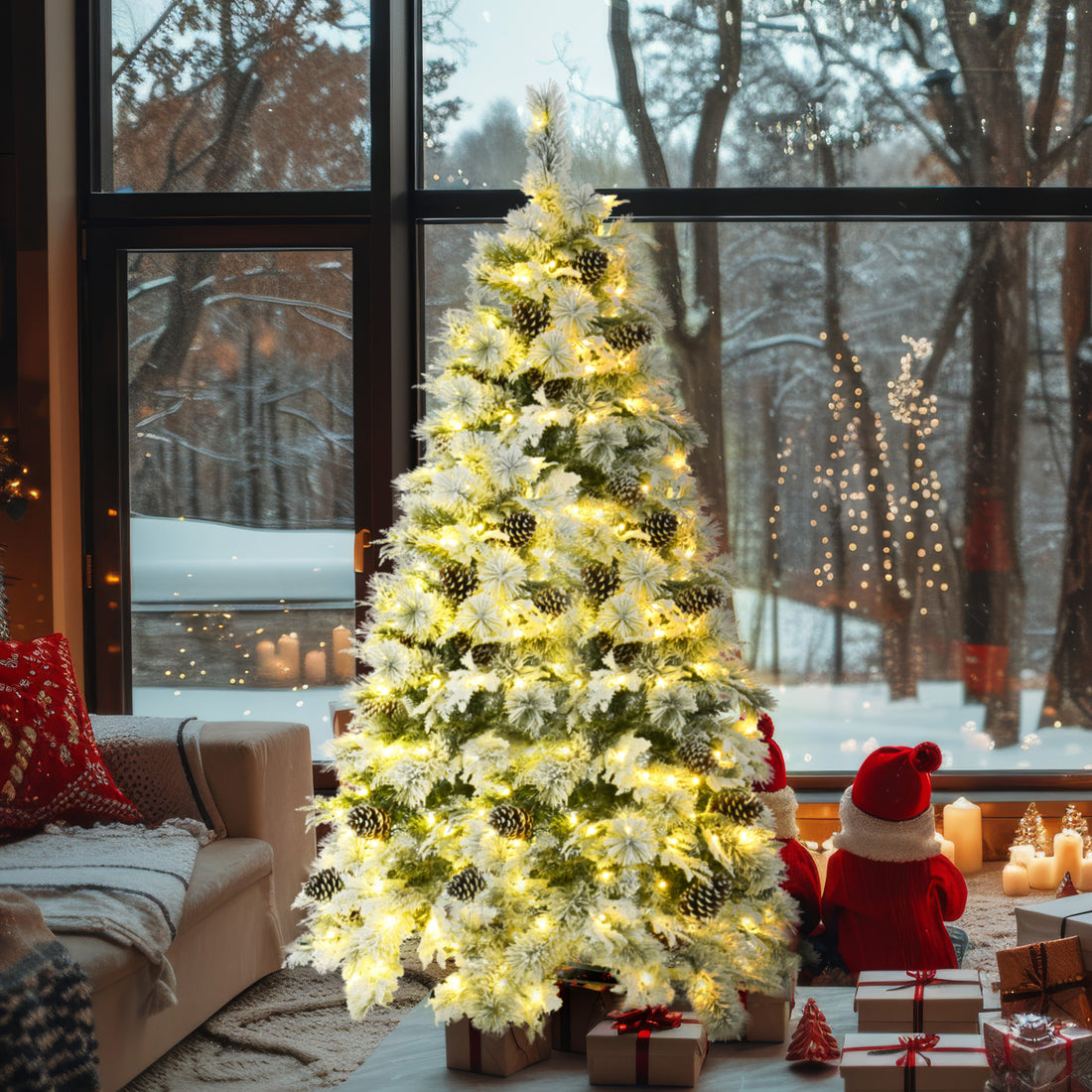 6FT Pre-Lit Spruce Snow Flocked Christmas Tree with Pine Cones, Artificial Xmas Tree with 403 Branch Tips,Mixed PE &amp; PVC Branches, 250 Multi-Color LED Lights, 11 Flashing Modes, Holiday Décor