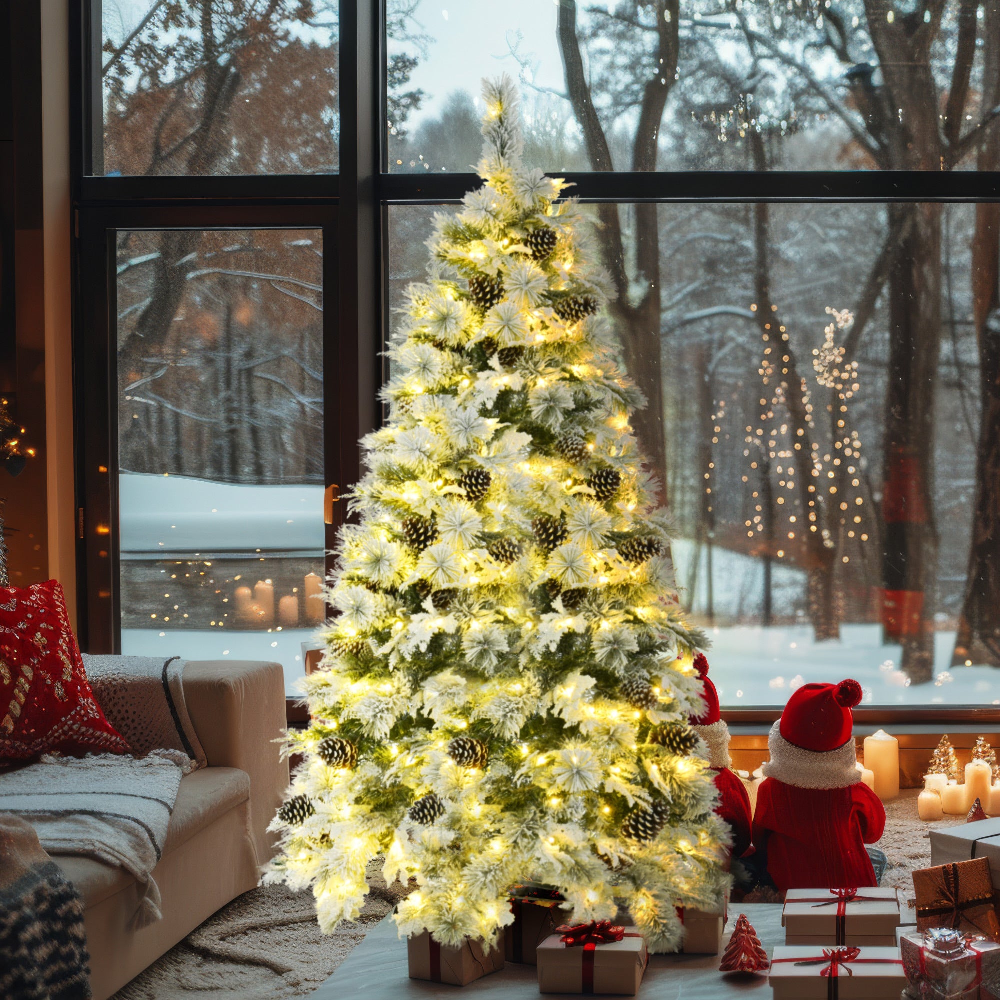 6FT Pre-Lit Spruce Snow Flocked Christmas Tree with Pine Cones, Artificial Xmas Tree with 403 Branch Tips,Mixed PE &amp; PVC Branches, 250 Multi-Color LED Lights, 11 Flashing Modes, Holiday Décor