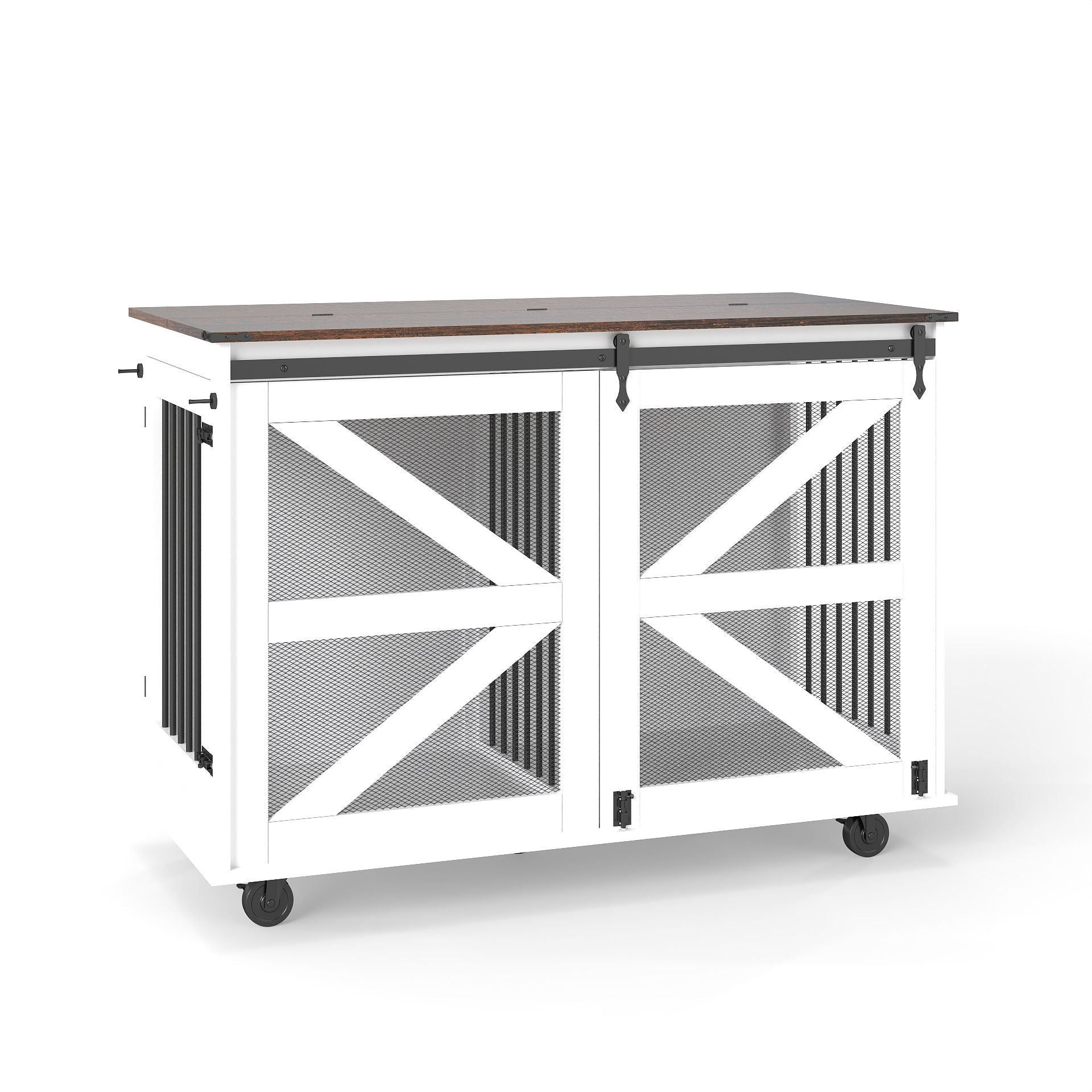 Mobile Dog Crate With Flip Top Feeding Door, Dual Access &amp; 5 Caster System (2 Locking) - Brown White