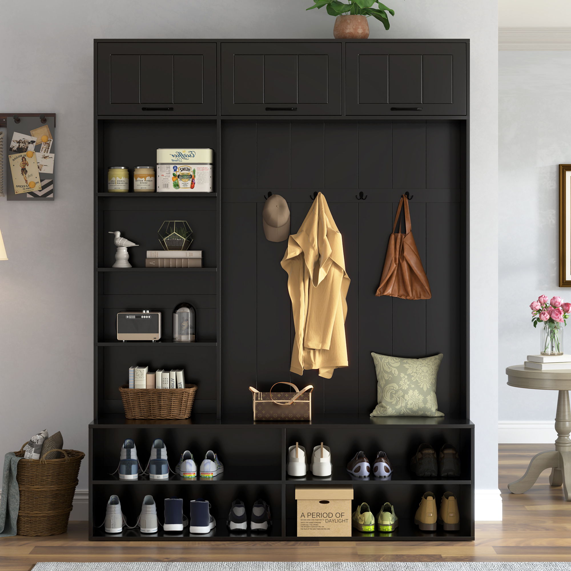 Farmhouse Hall Tree &amp; Bench And Shoe Storage