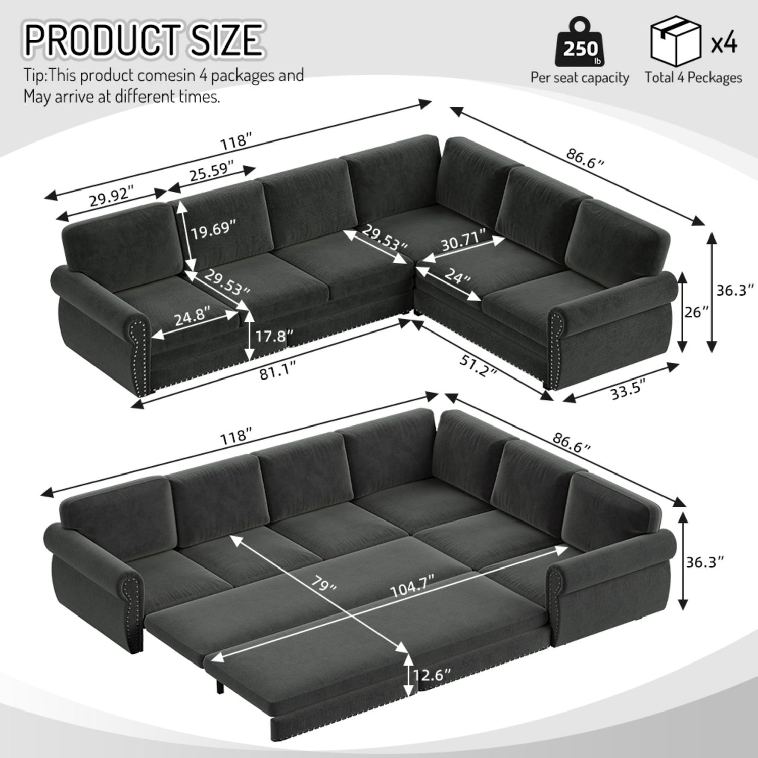 L-Shaped Sofa Couch With Pull Out Bed With Nailhead Trim &amp; Rolled Arm
