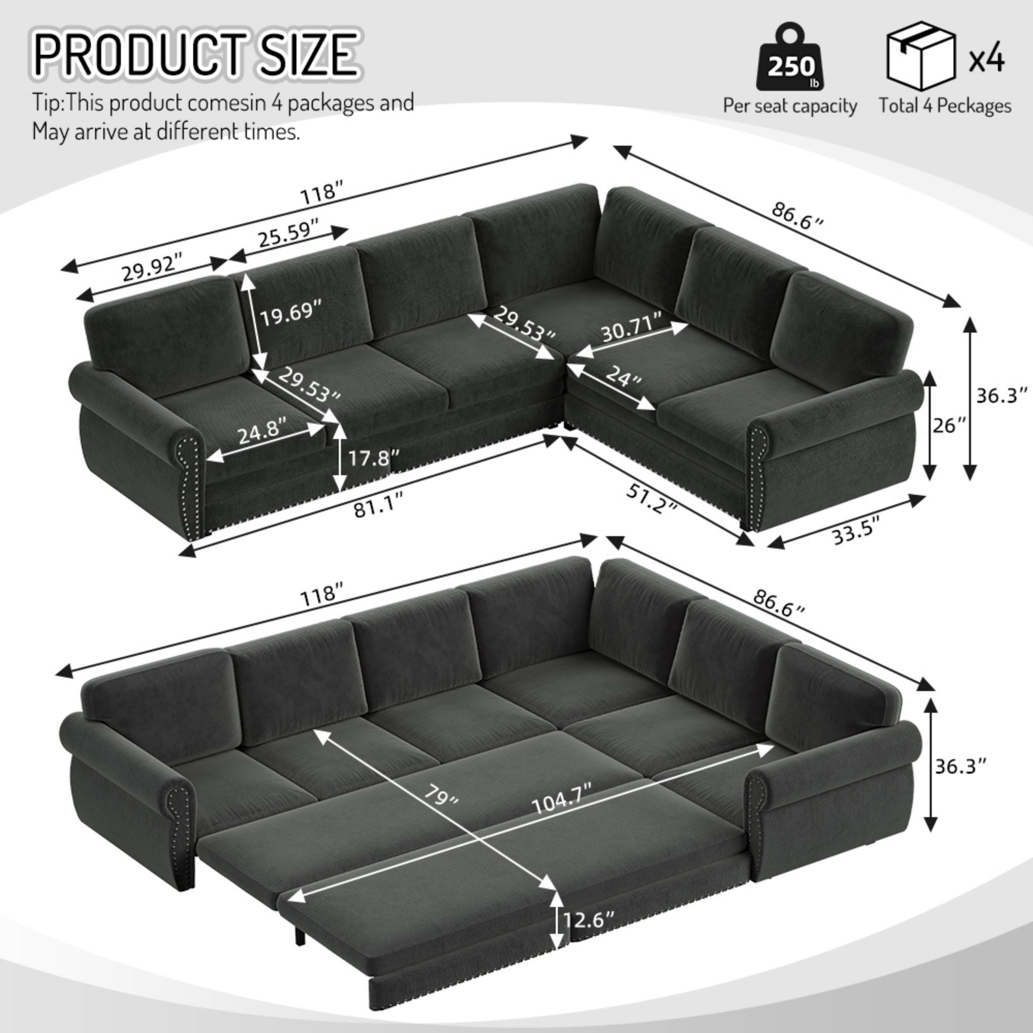 L-Shaped Sofa Couch With Pull Out Bed With Nailhead Trim &amp; Rolled Arm