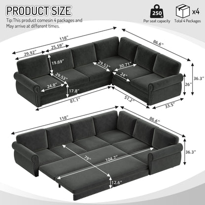L-Shaped Sofa Couch With Pull Out Bed With Nailhead Trim &amp; Rolled Arm
