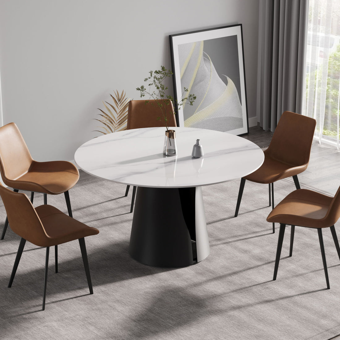 53.15&quot; Modern Artificial Stone Round Carbon Steel Base Dining Table, Can Accommodate 6 People - White / Black