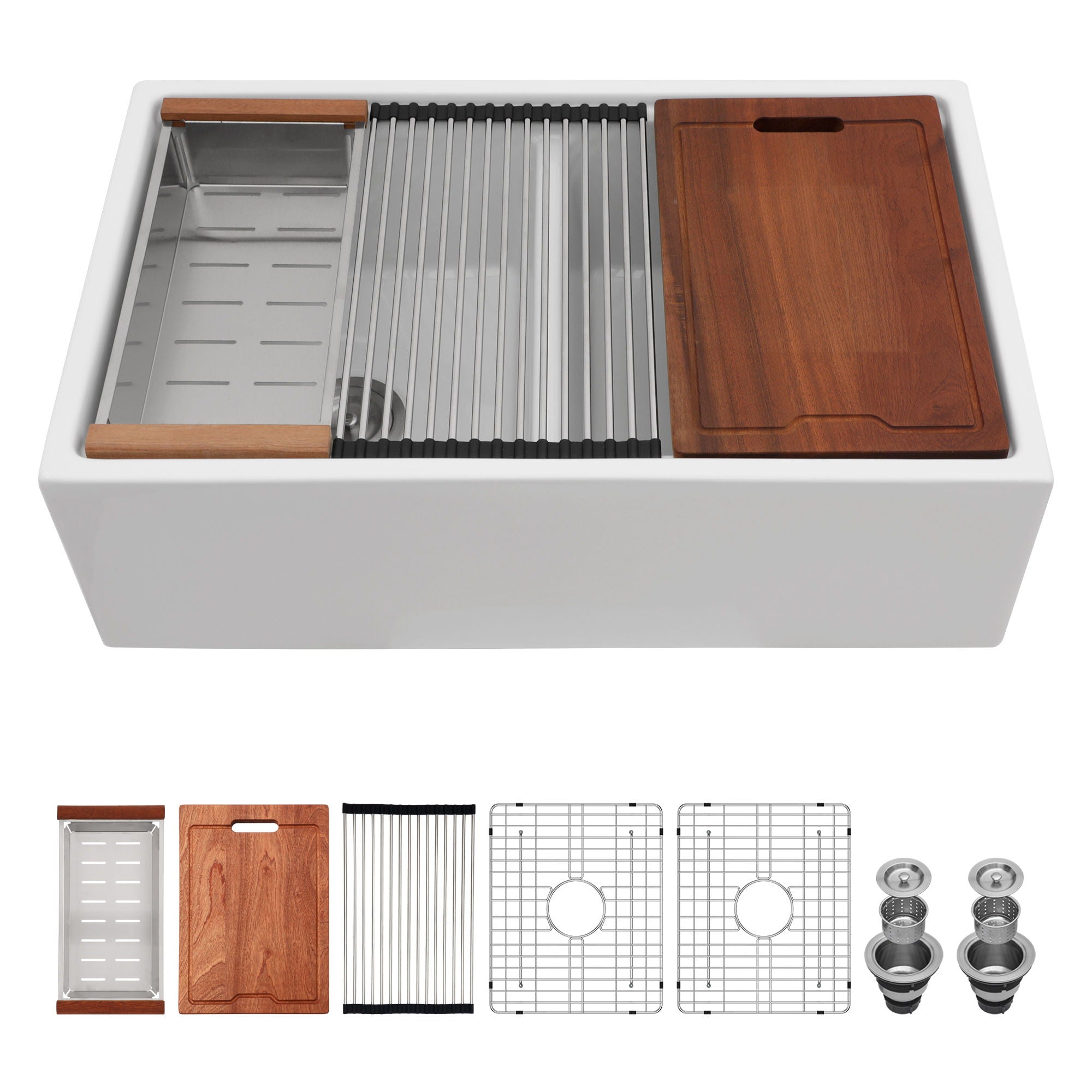 Farmhouse Sink Workstation 33&quot; Ceramic Double Bowl Kitchen Sink With Ledges - White