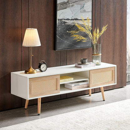 55.12&quot; Rattan TV Cabinet, Double Sliding Doors For Storage, Adjustable Shelf, Solid Wood Legs, TV Console For Living Room