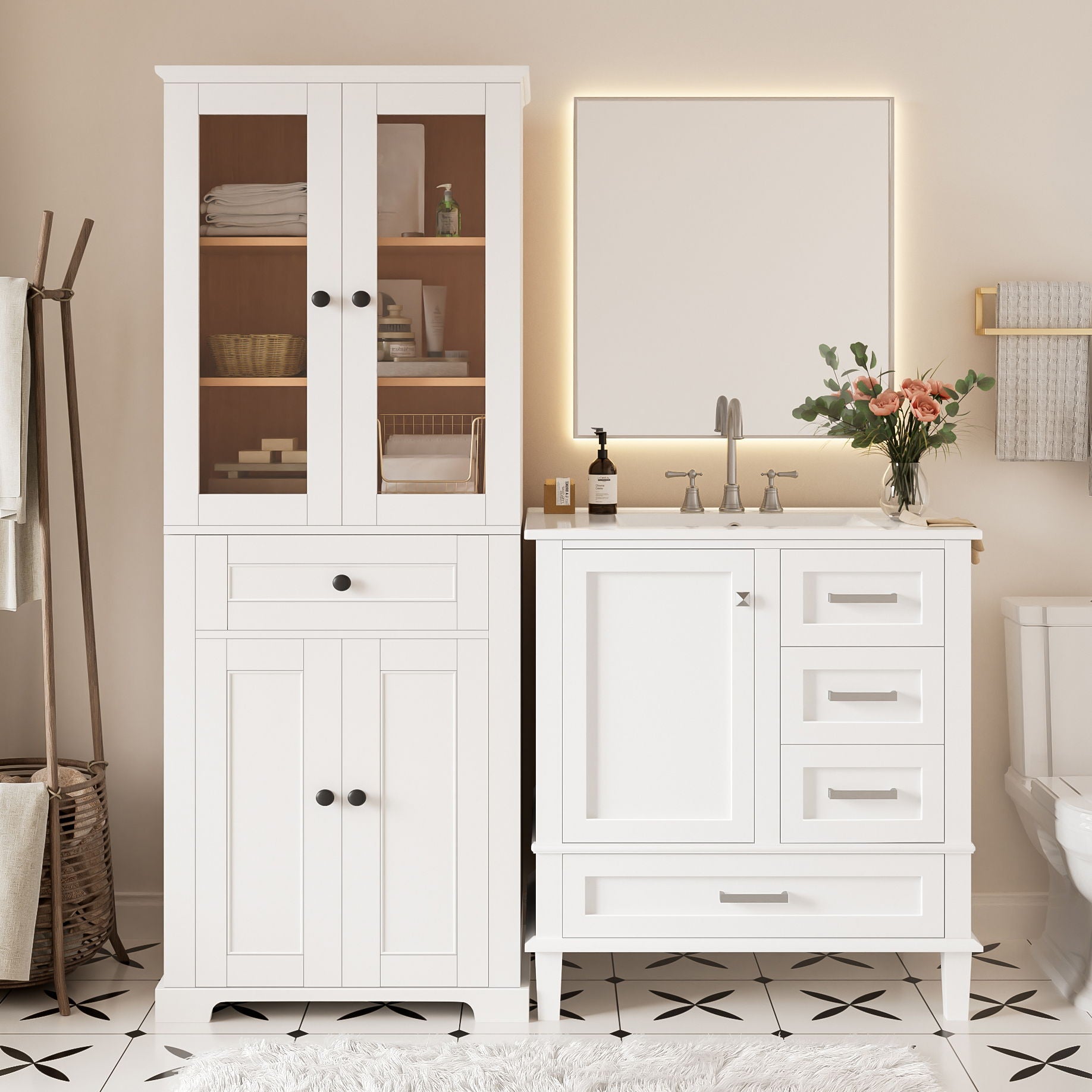 Bathroom Vanity &amp; Tall Storage Cabinet Set With Doors, Adjustable Shelves, Soft Close Hinges, Sink