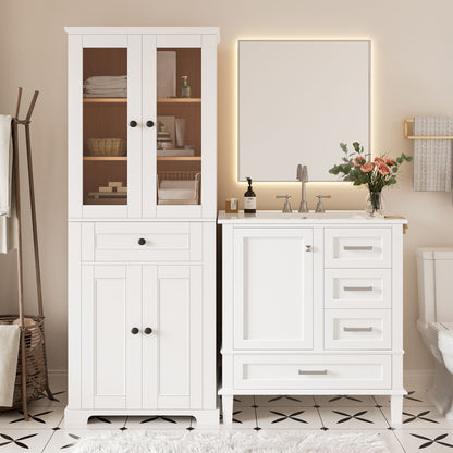 Bathroom Vanity &amp; Tall Storage Cabinet Set With Doors, Adjustable Shelves, Soft Close Hinges, Sink