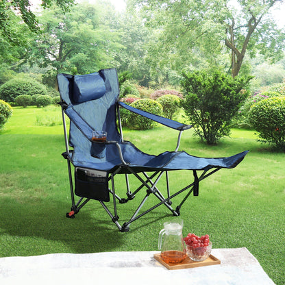 Outdoor Camping Chairs Folding Portable Adjustable Reclining Chair With Side Pockets &amp; Cup Holder - Dark Blue