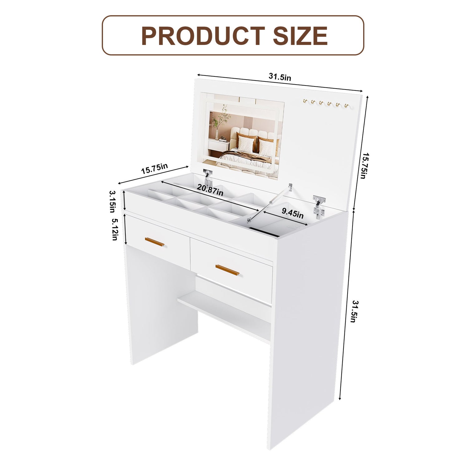 Flip Top Vanity Desk With LED Mirror &amp; Outlet Makeup Table With 2 Drawers, Open Storage, And Jewelry Hooks - White