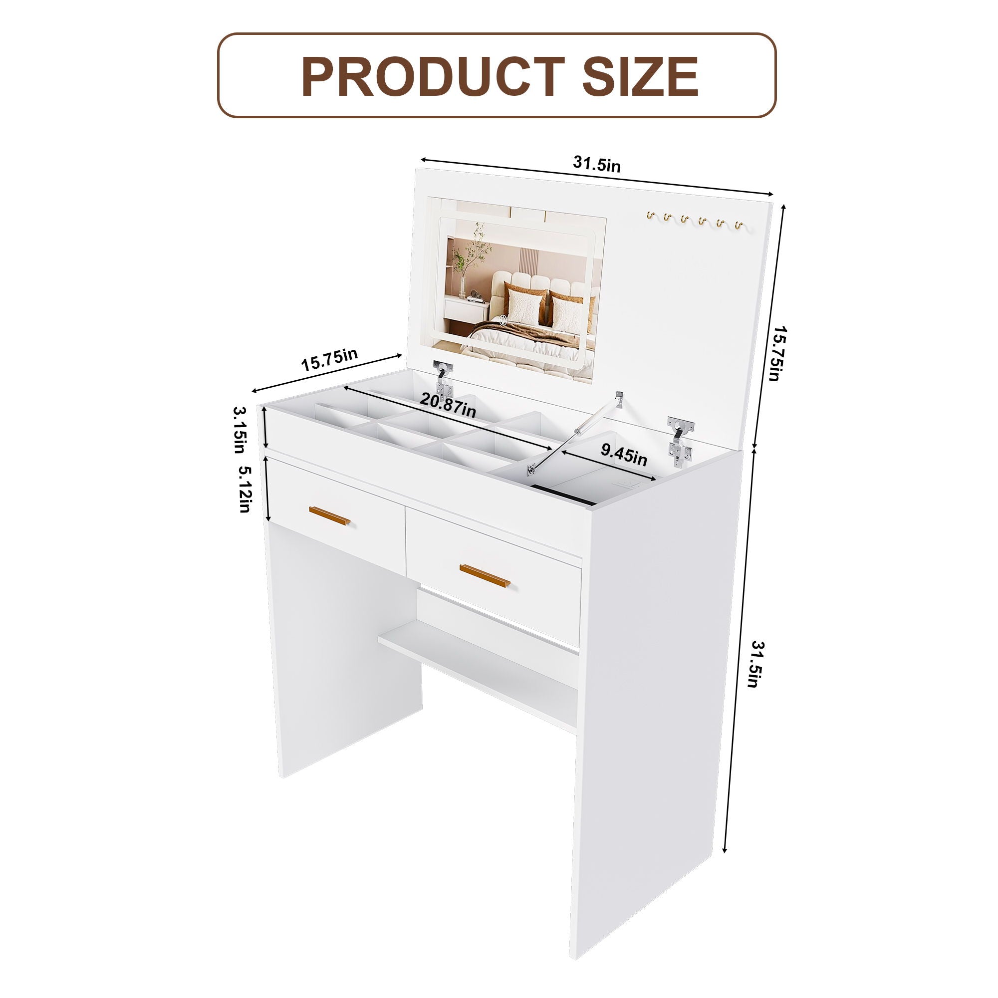 Flip Top Vanity Desk With LED Mirror &amp; Outlet Makeup Table With 2 Drawers, Open Storage, And Jewelry Hooks - White