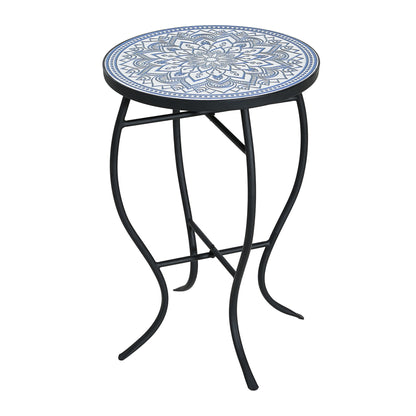 Outdoor Round Side Table With Mosaic Style Top And Curved Iron Legs