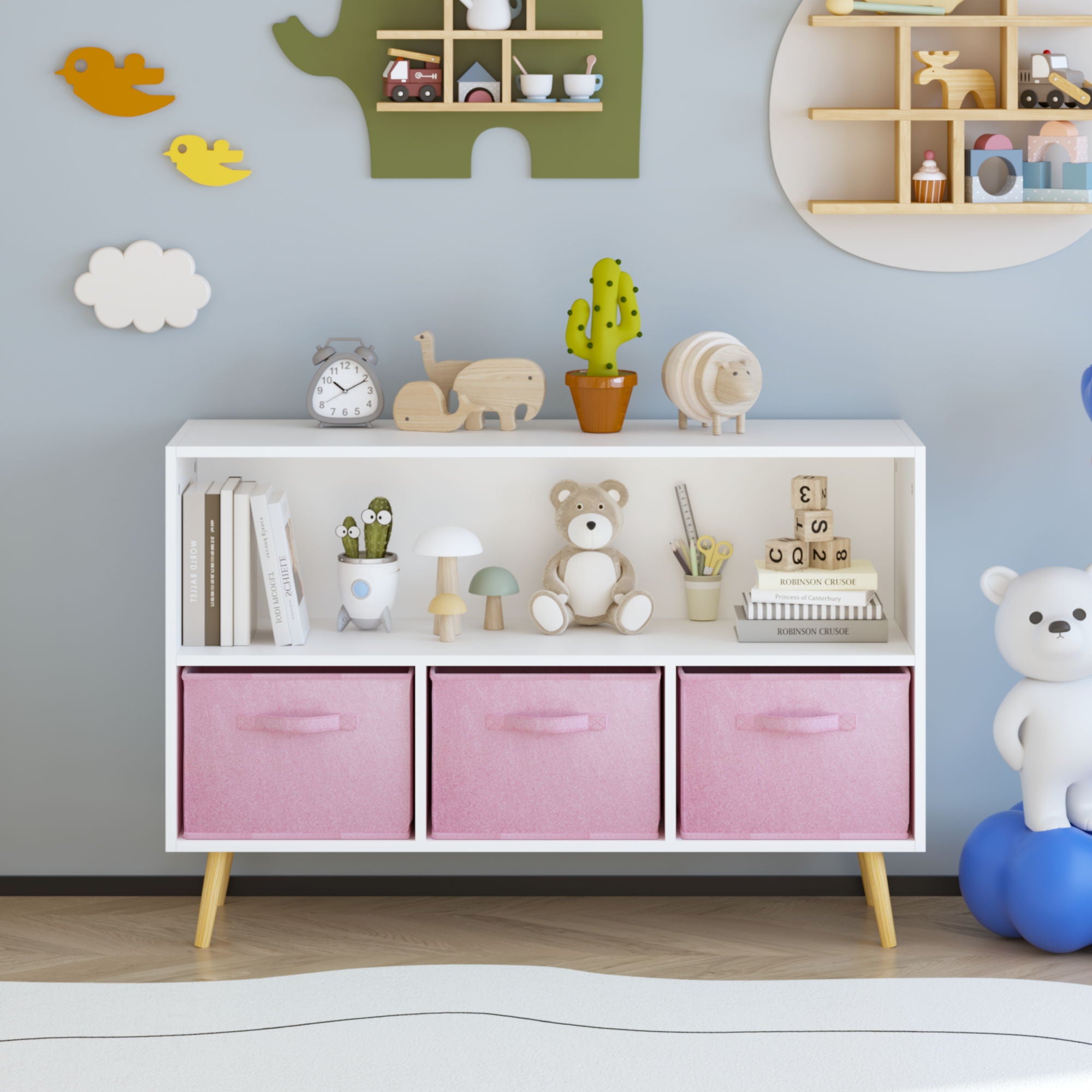 Kids Bookcase With Collapsible Fabric Drawers, Children&