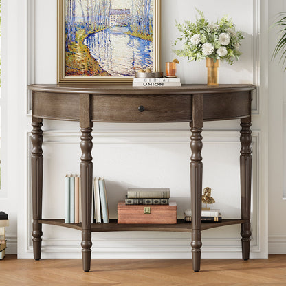 Half Moon Console Table With Drawer &amp; Shelf For Living Room - Walnut