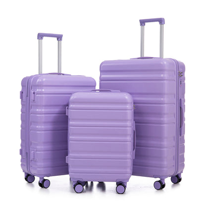 3 Piece 20" / 24" / 28" Spinner Luggage Set &amp; Combination Lock, Durable Hard Shell With 360° Silent Wheels - Blue / Purple
