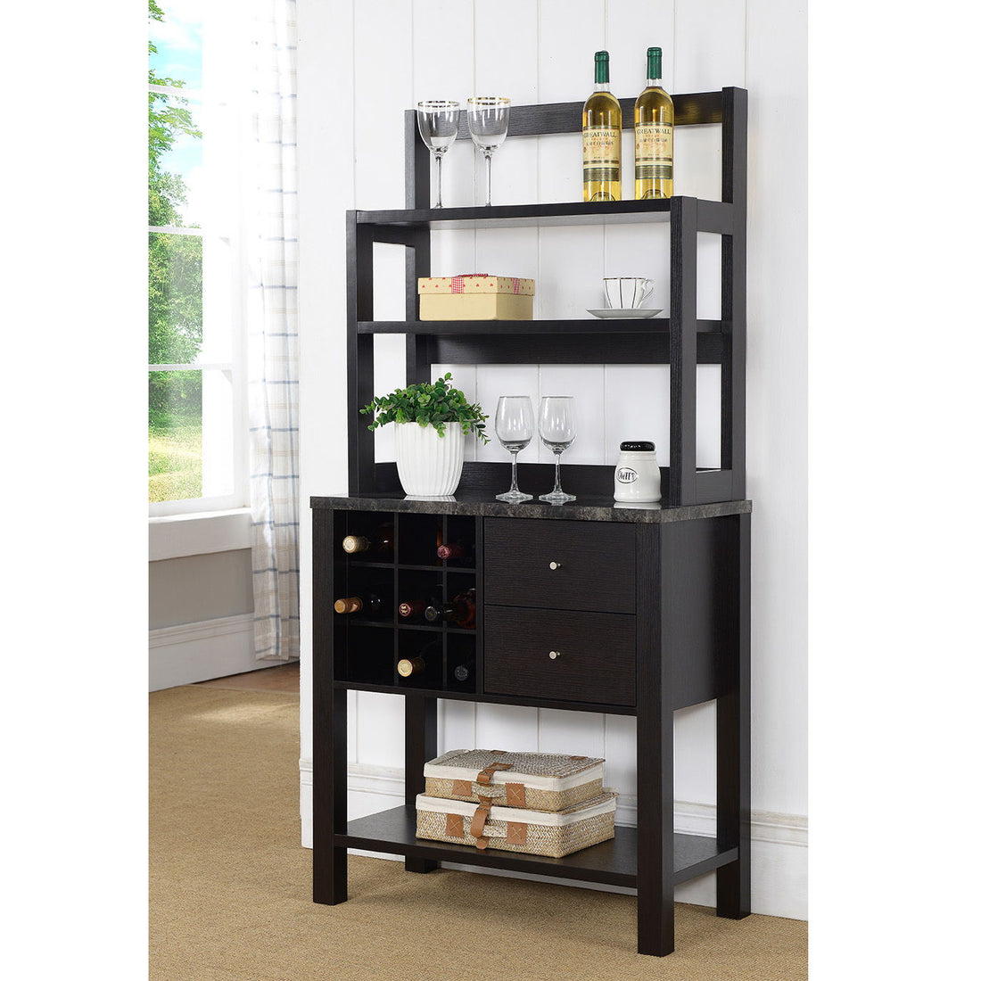 Bakers Cabinet With Three Display Shelves, Wine Compartment &amp; Two Drawers - Red Cocoa