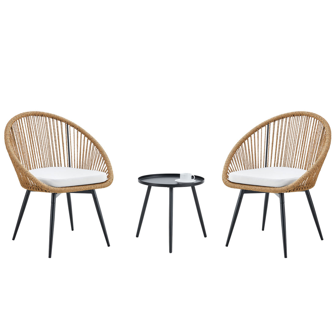 Modern 3 Piece Set, Anti - Spill Round Coffee Table, 2 Rattan Swivel Chairs, Outdoor Patio Furniture For Tea Time - Black / Wood