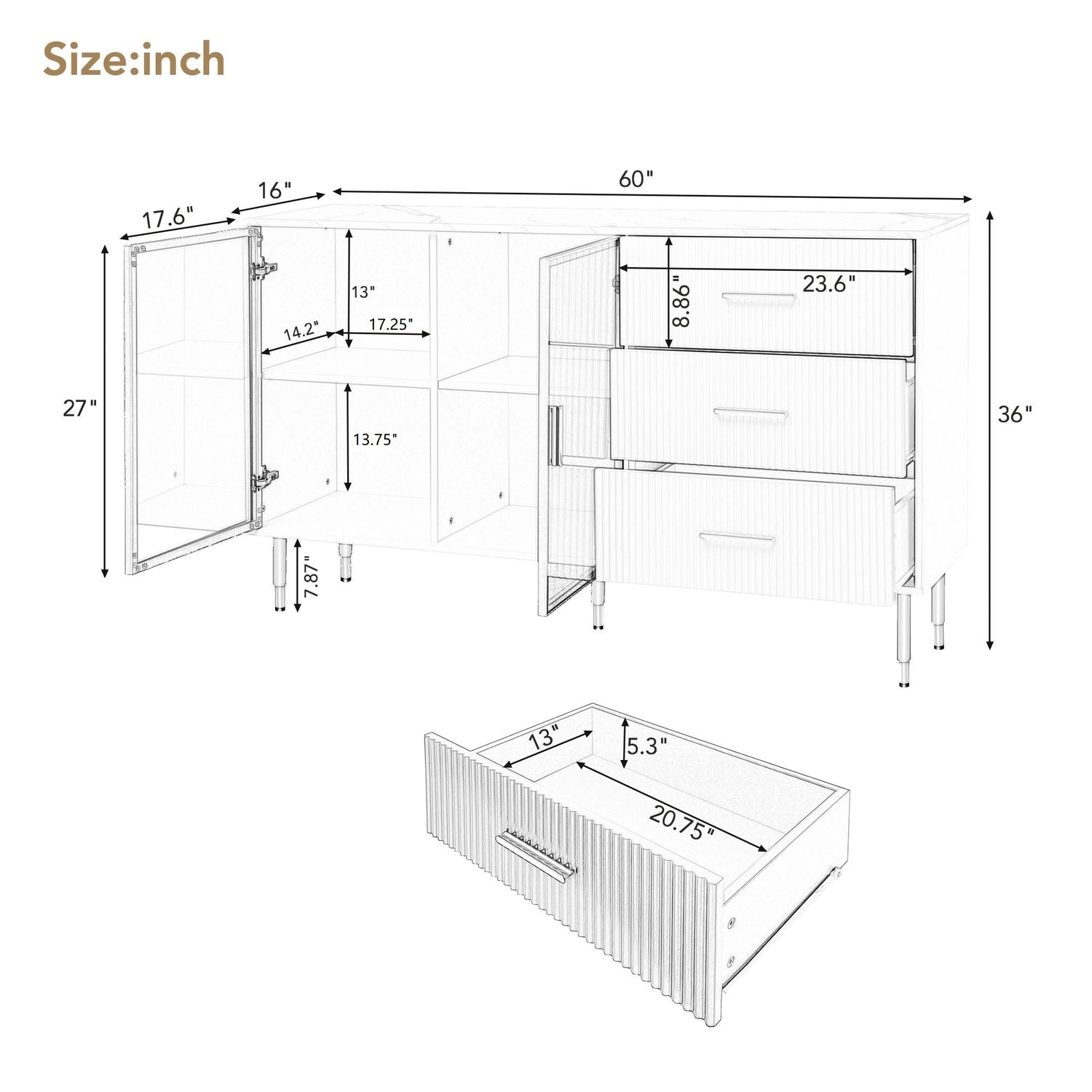 Modern Sideboard Buffet Cabinet Marble Sticker Tabletop And Amber-Yellow Tempered Glass Doors With Gold Metal Legs &amp; Handles
