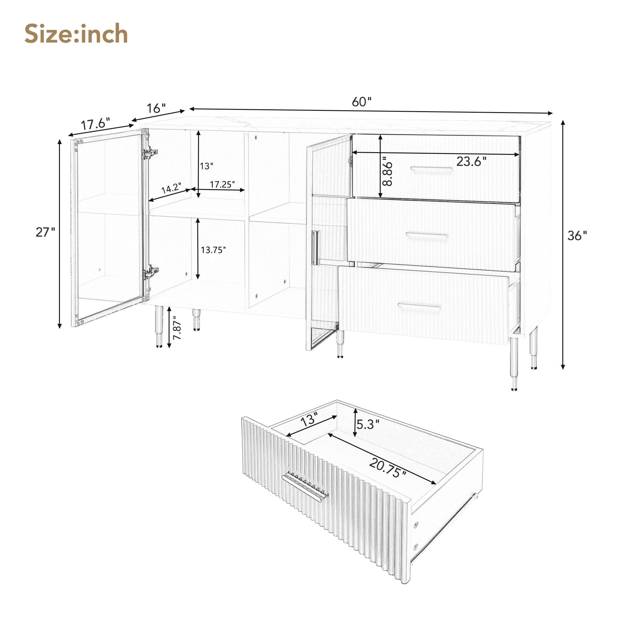 Modern Sideboard Buffet Cabinet Marble Sticker Tabletop And Amber-Yellow Tempered Glass Doors With Gold Metal Legs &amp; Handles