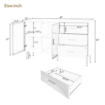 Modern Sideboard Buffet Cabinet Marble Sticker Tabletop And Amber-Yellow Tempered Glass Doors With Gold Metal Legs &amp; Handles