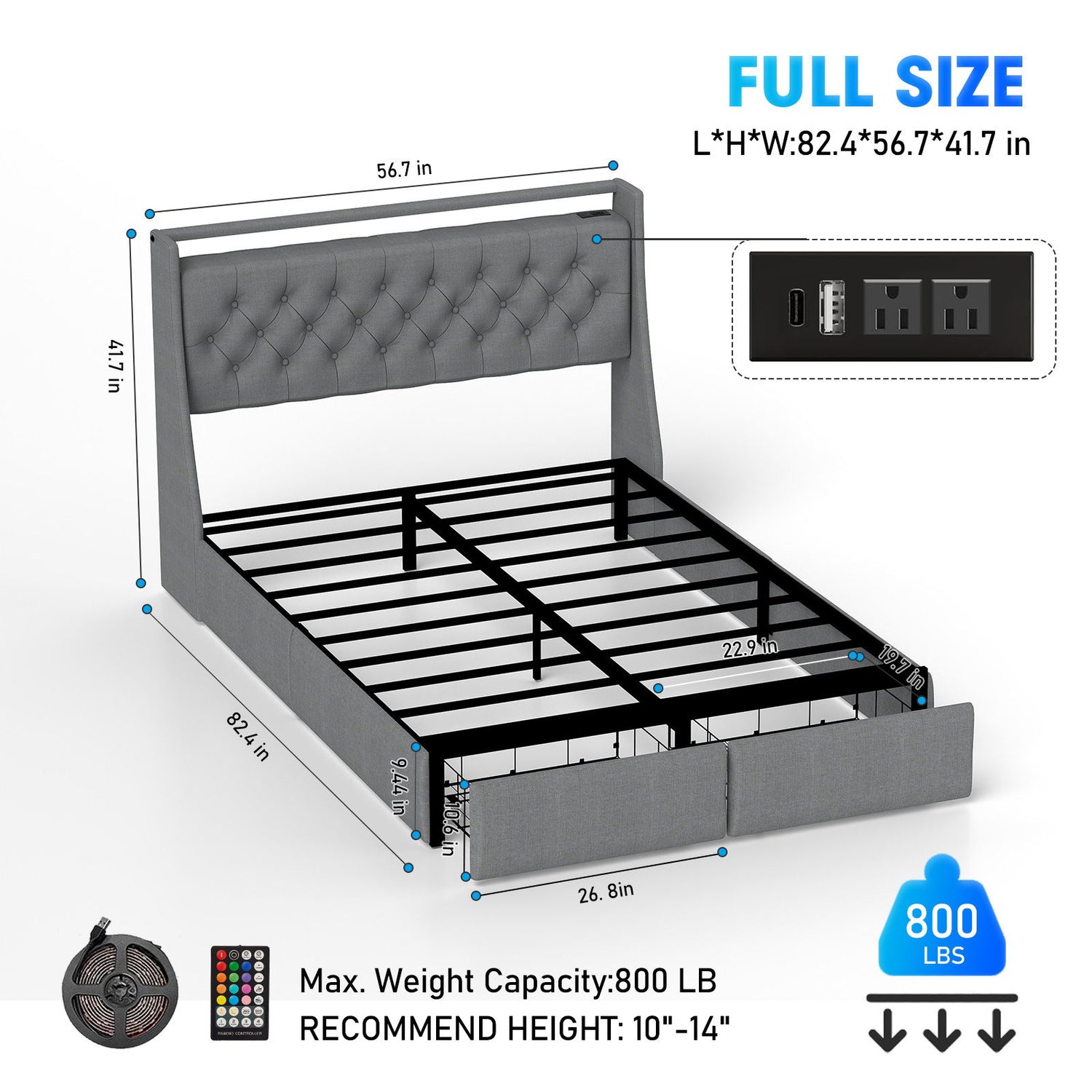 Floating Bed Frame With Rgb LED Light, 2 Storage Drawers &amp; Headboard Shelf
