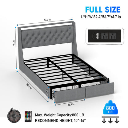 Floating Bed Frame With Rgb LED Light, 2 Storage Drawers &amp; Headboard Shelf