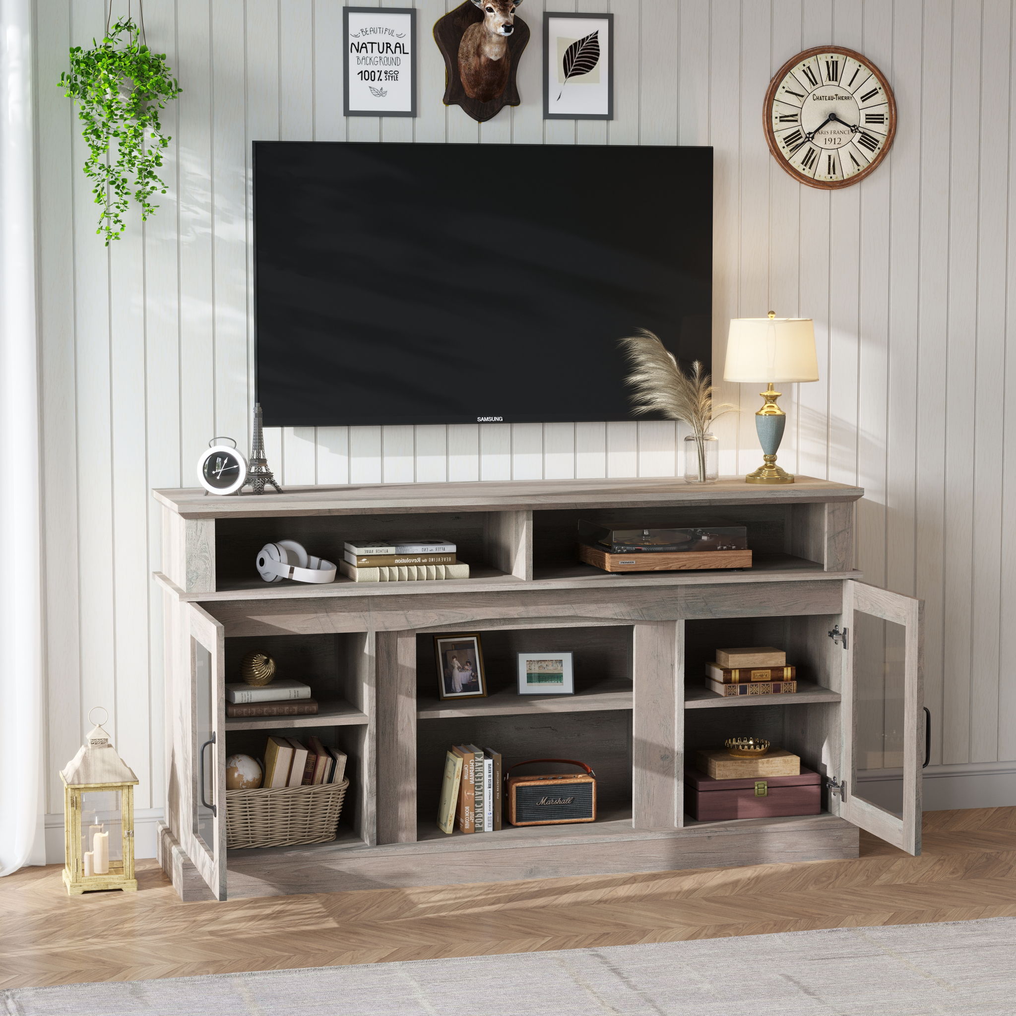 58.27&quot; TV Stand With Storage Cabinet And Shelves, TV Console Table Entertainment Center For Living Room, Bedroom - Gray