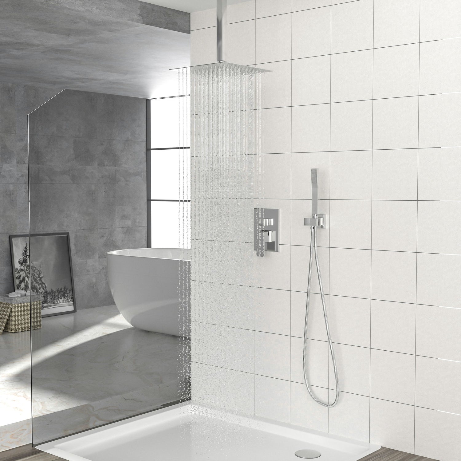 Dual Shower Head Ceiling Mount Square Rain Shower System With Adjustable Flow