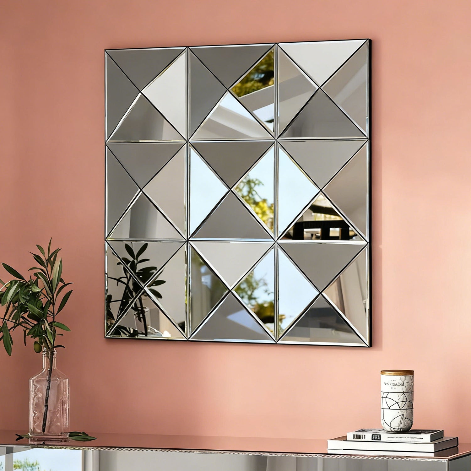 3D Beveled Wall Mirror With Frame, Large Square Design For Living Room - Silver