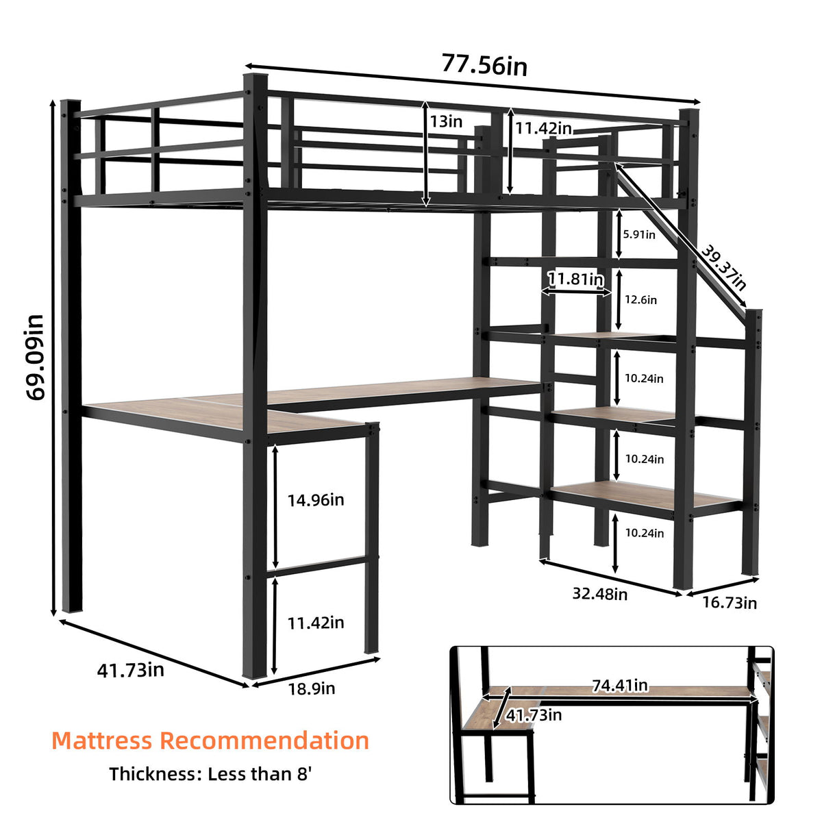 Loft Bed &amp; L-Shaped Desk, Large Storage Space